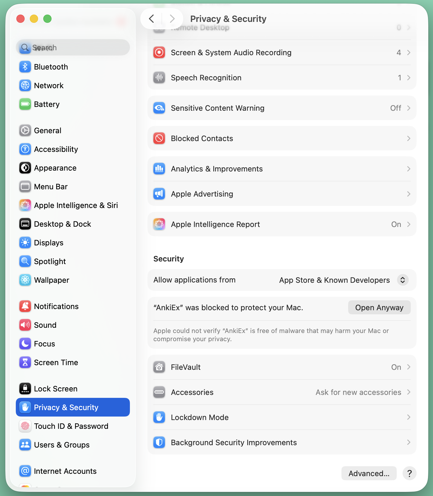 macOS Privacy & Security settings highlighting the Open Anyway button
