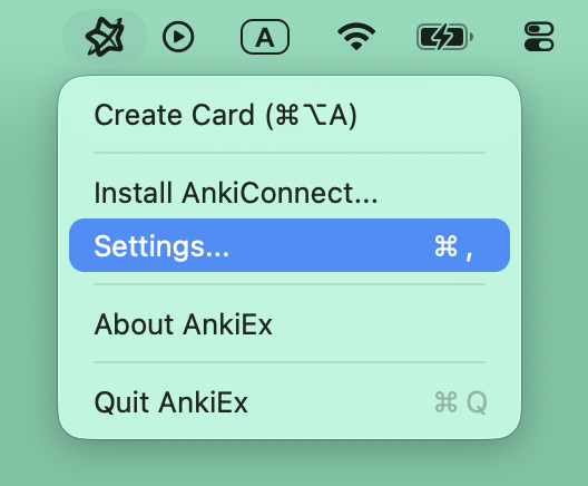 AnkiEx settings access in the menu bar