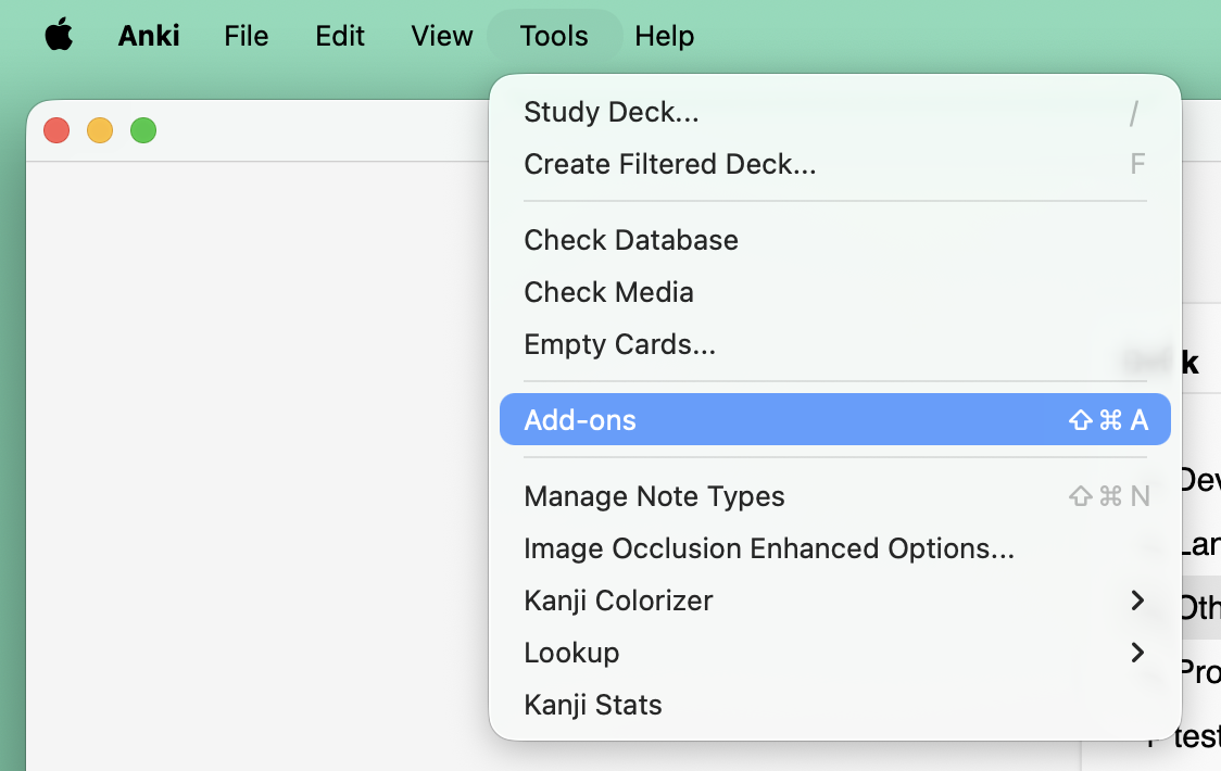 Anki Tools menu with Add-ons highlighted